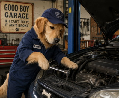 AI-generated image of dog in mechanic uniform working on a car