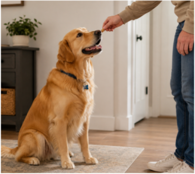 dog sitting getting a treat