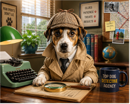 AI-generated image of dog in trenchcoat and hat in detective's office